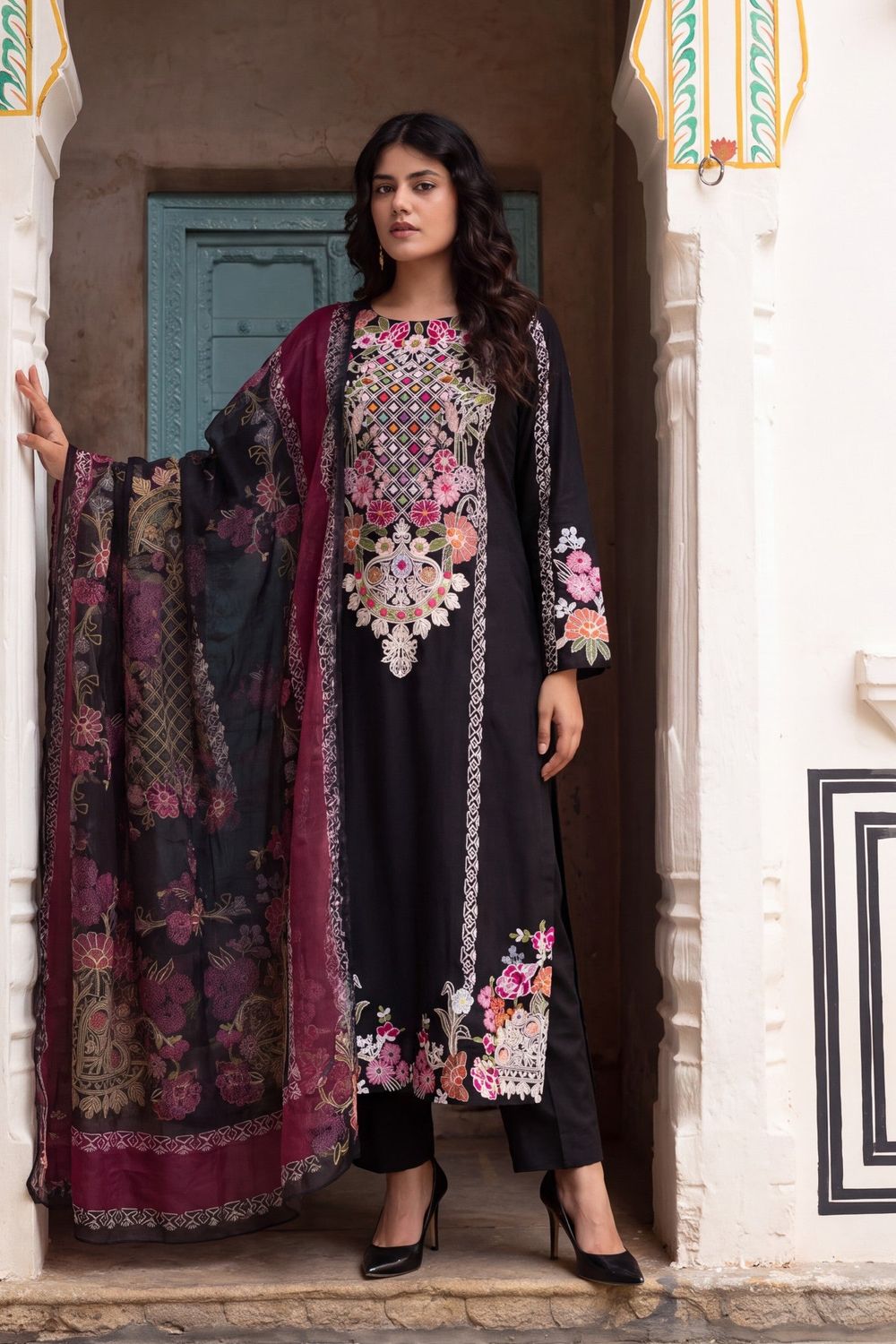 Black Embroidered Lawn Salwar Suit Online in Dubai UAE Abudhabi Ajman Sharjah