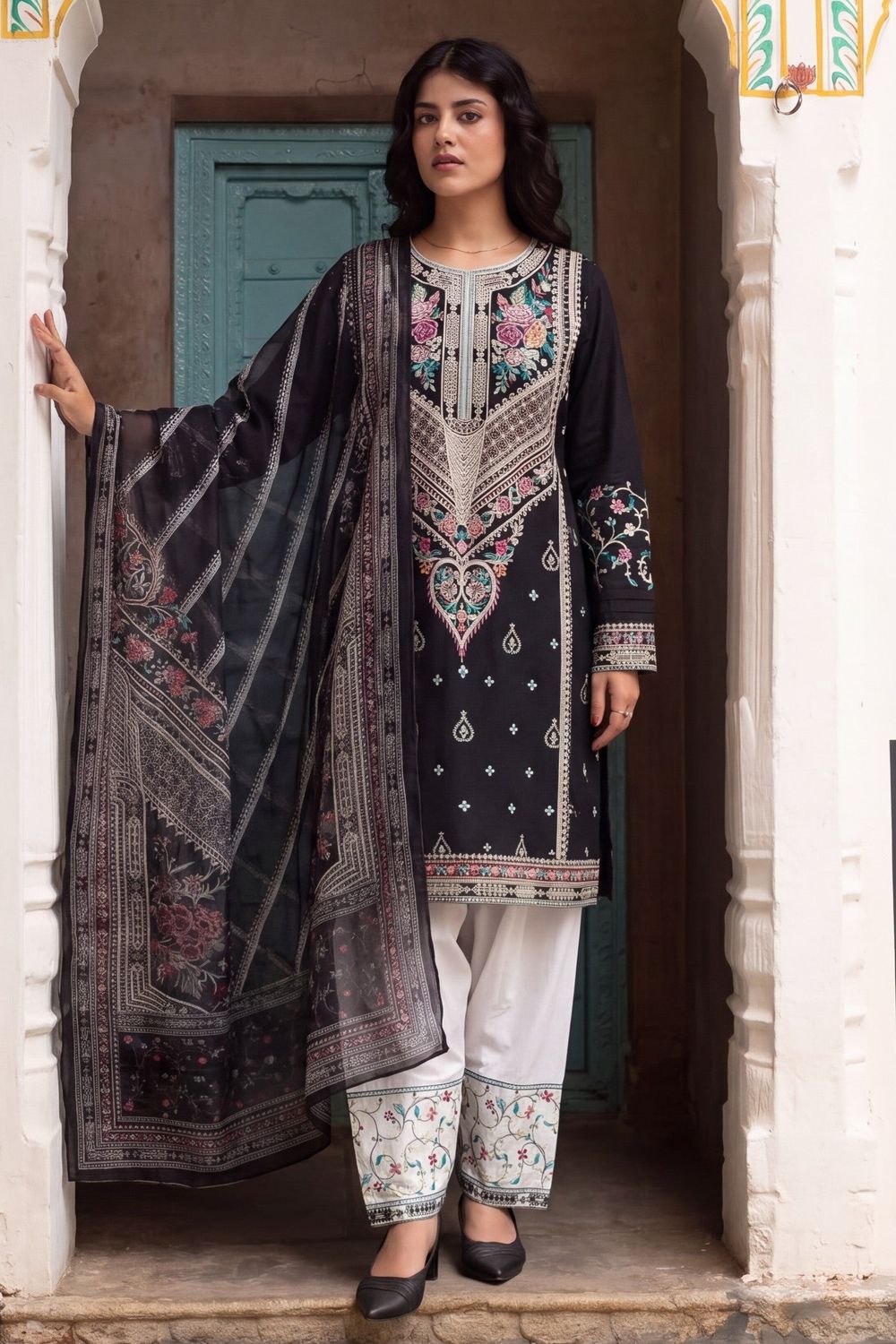 Black Embroidered Lawn Shalwar Kameez Online in Dubai UAE Abudhabi Ajman Sharjah