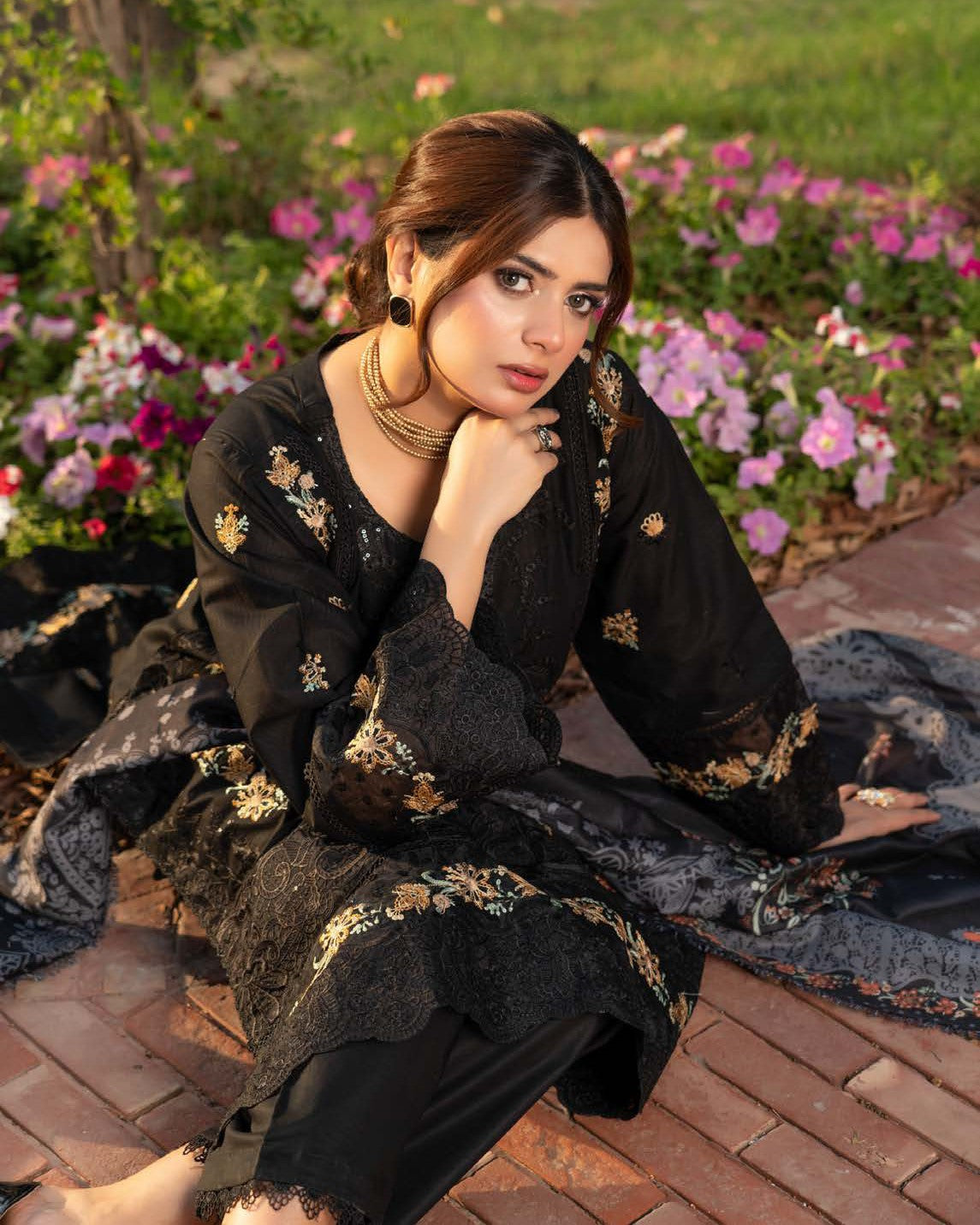 Black Embroidered Lawn Shalwar Kameez Online in Sri Lanka India Australia