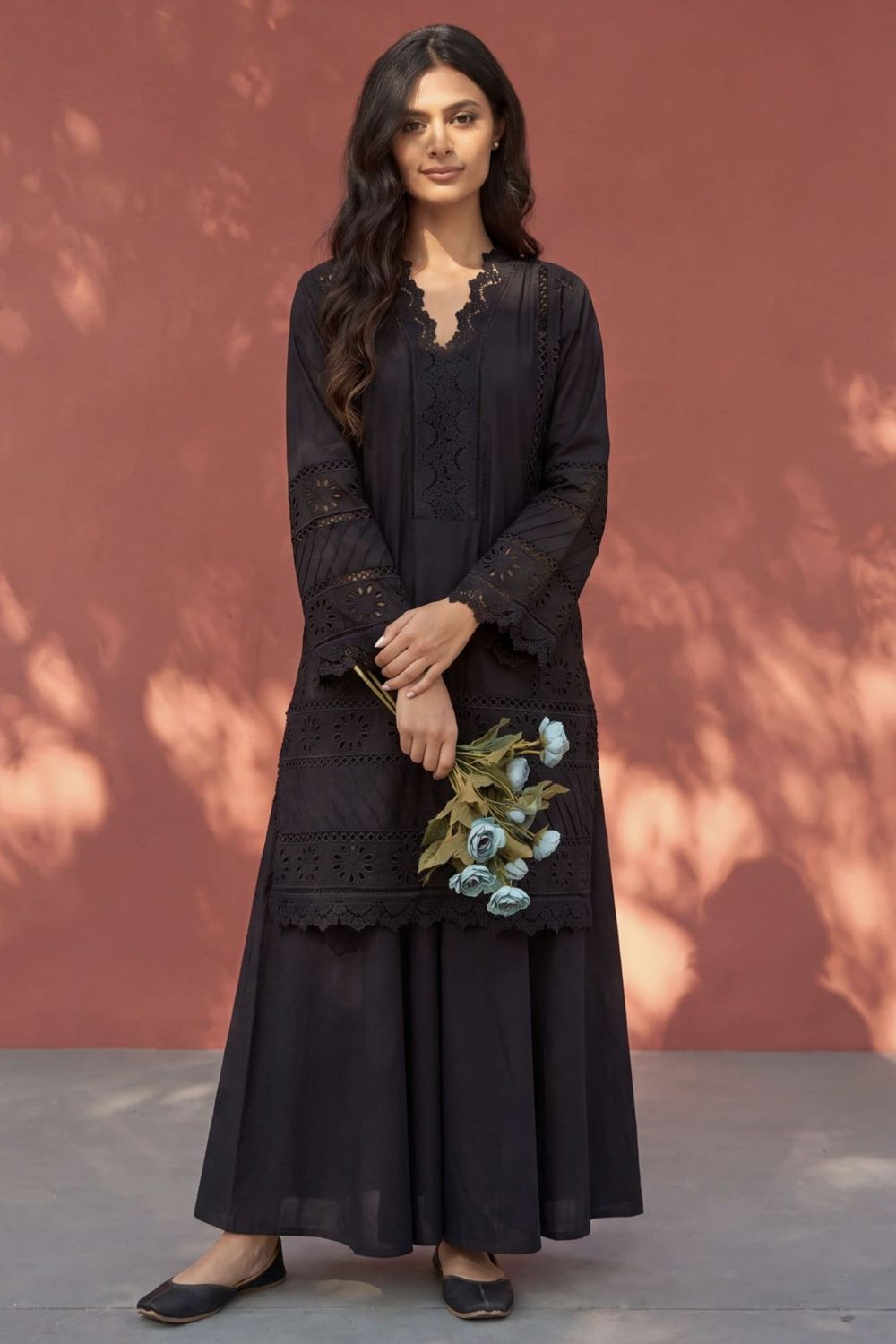 Black Embroidered Lawn Sharara Suit Online in Dubai UAE Abudhabi Ajman Sharjah