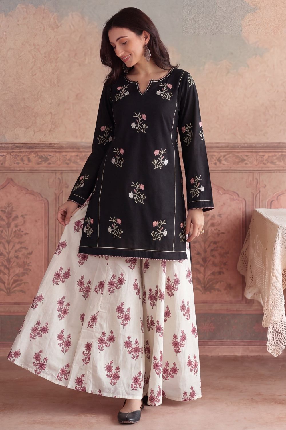 Black Embroidered Lawn Sharara Suit Online in Dubai UAE Abudhabi Ajman Sharjah