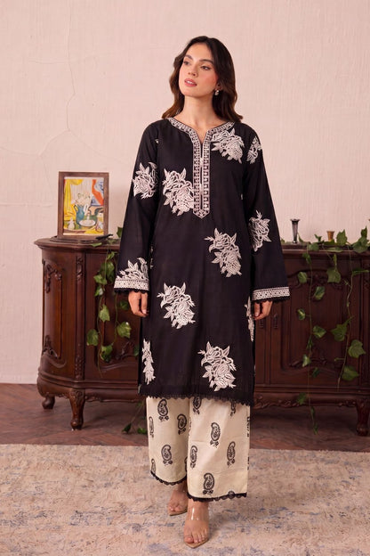 Black Embroidered Lawn Straight Cut Kurta Online in Dubai UAE Abudhabi Ajman Sharjah