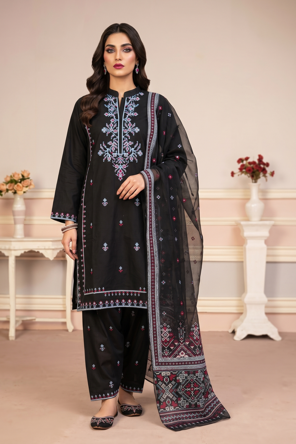 Black Embroidered Lawn Straight Kurta Suit Online in Dubai UAE Abudhabi Ajman Sharjah