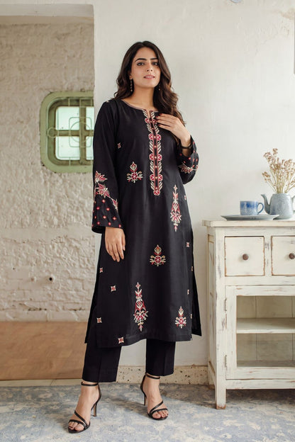 Black Embroidered Lawn Straight Kurta Suit Online in Dubai UAE Abudhabi Ajman Sharjah