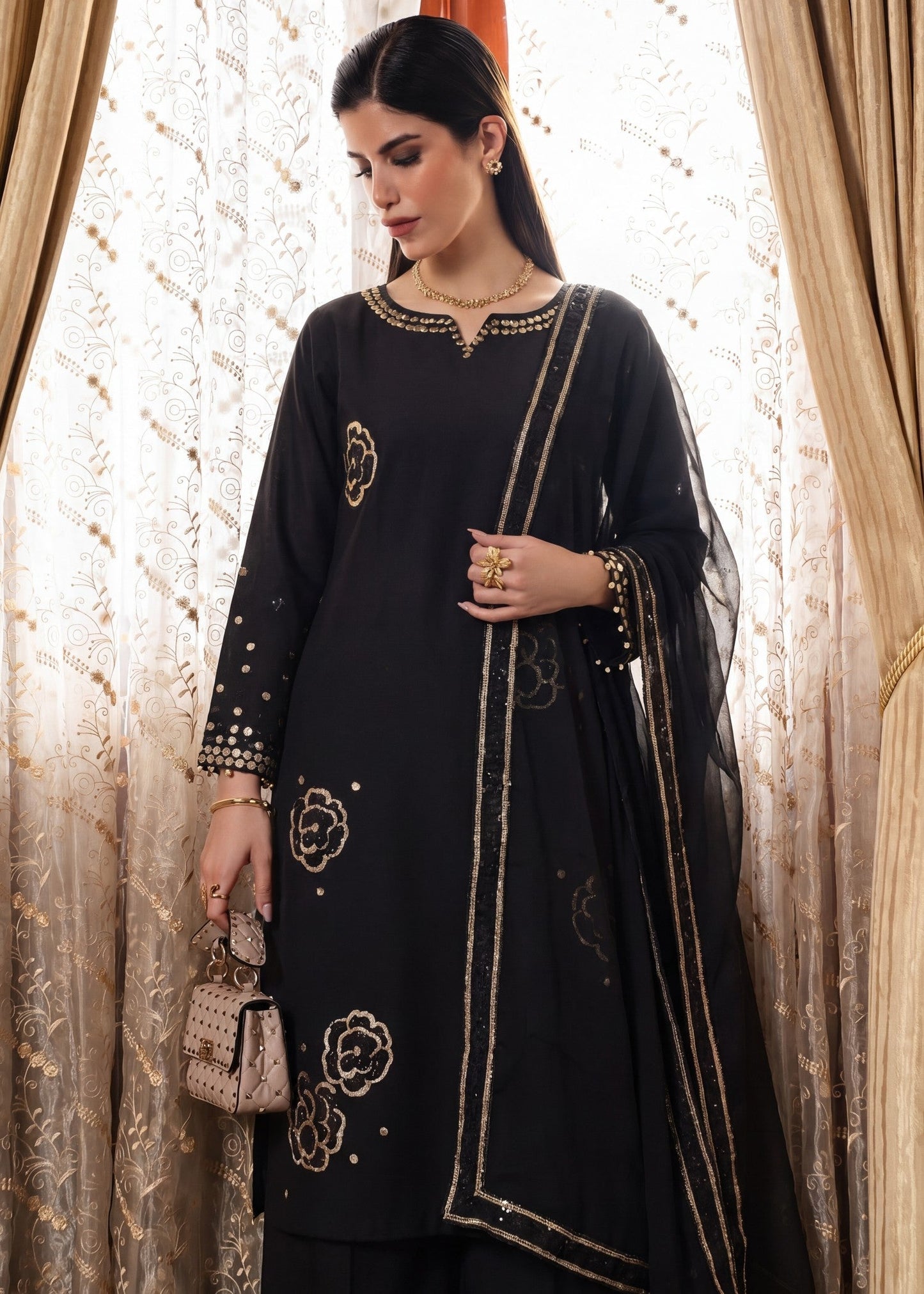 Black Embroidered Lawn Suit with Chiffon Dupatta Online in KSA Riyadh Saudi Arabia Oman Bahrain Qatar