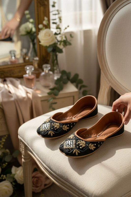 Black Embroidered Leather Khussa Ladies Ethnic Shoes Online in Dubai UAE Abudhabi Ajman Sharjah
