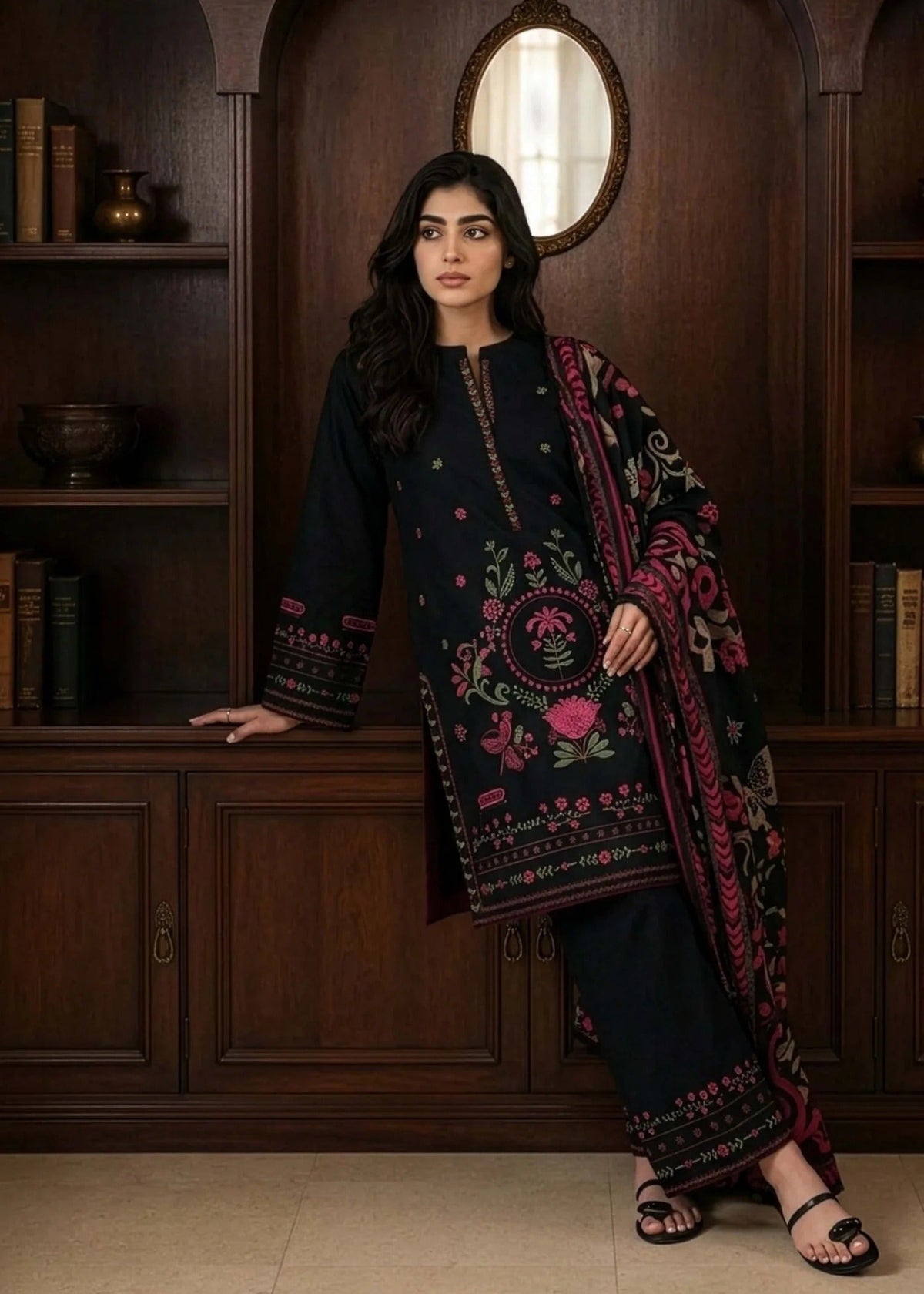 Black Embroidered Linen 3 Piece Suit Online in Dubai DXB UAE Abudhabi Meena Bazaar