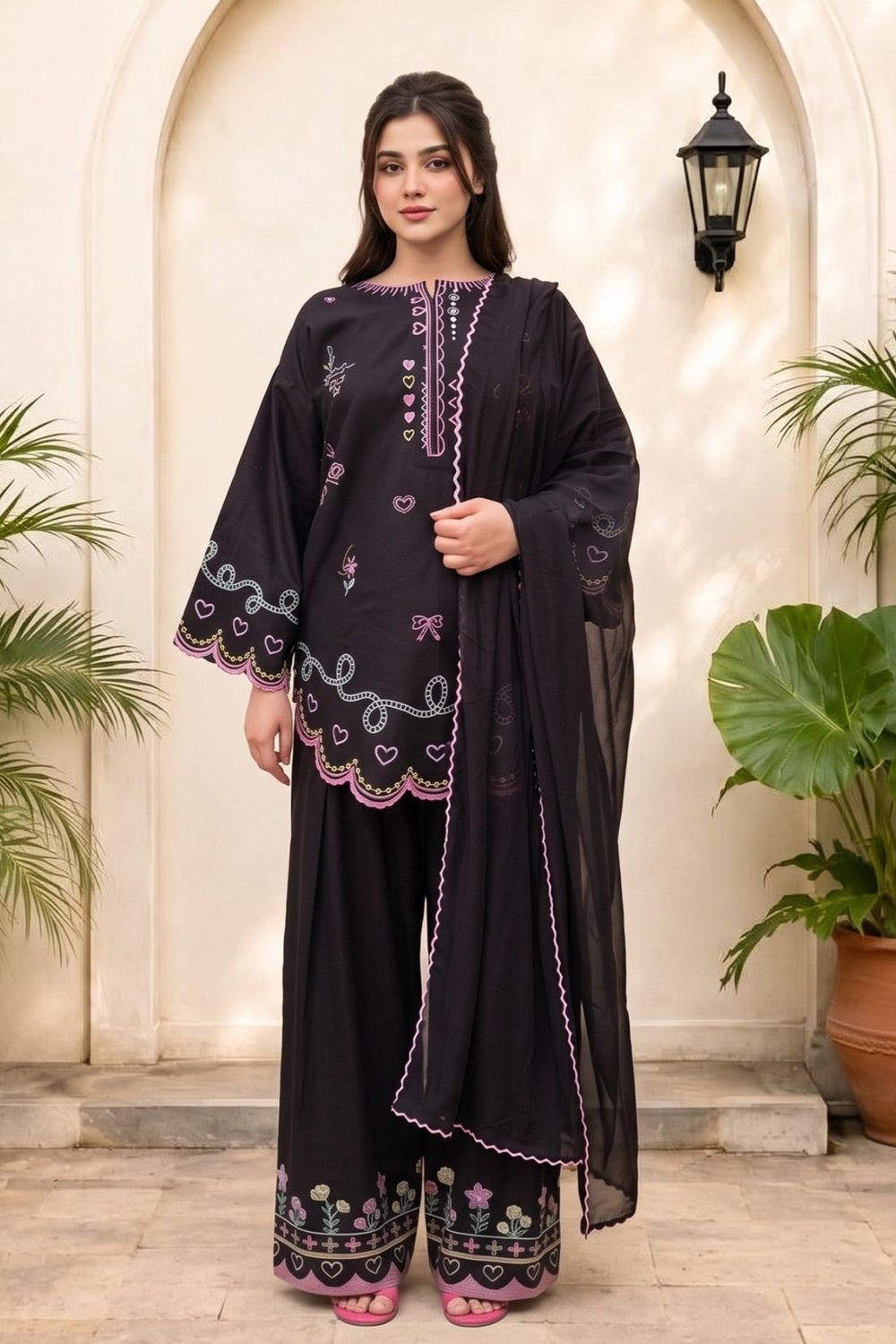 Black Embroidered Linen Farshi Shalwar Online in Dubai UAE Abudhabi Ajman Sharjah