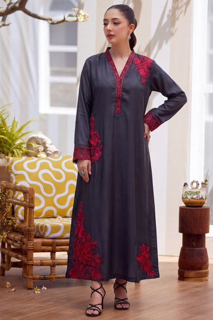 Black Embroidered Linen Kaftan Online in Dubai UAE Abudhabi Ajman Sharjah