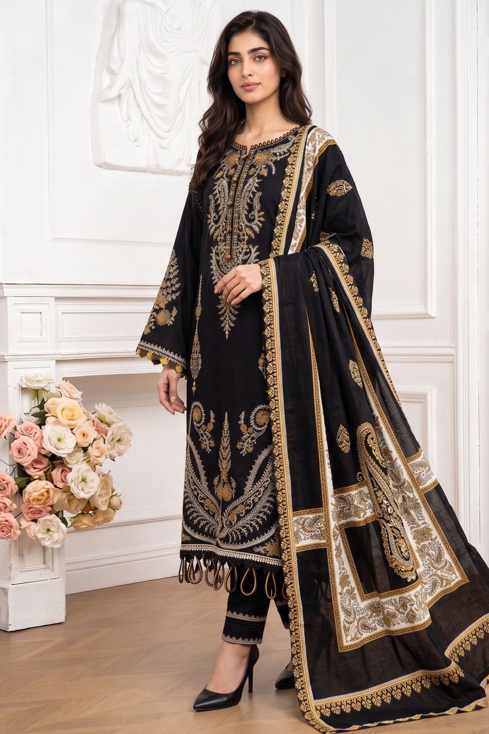 Black Embroidered Linen Kurta Set Online in Dubai UAE Abudhabi Ajman Sharjah
