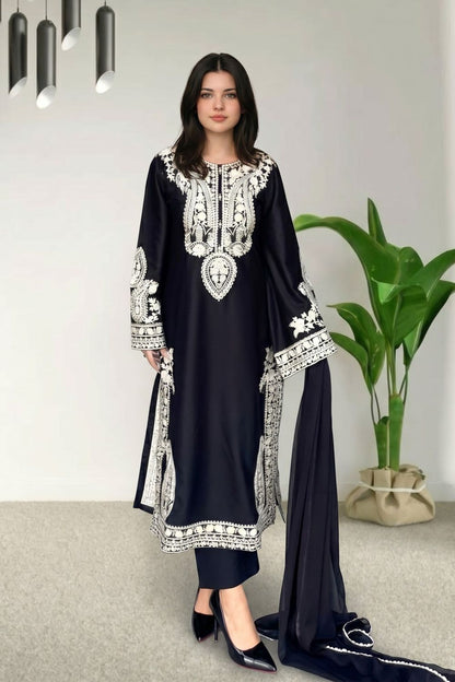 Black Embroidered Linen Kurta Suit Online in Dubai UAE Abudhabi Ajman Sharjah