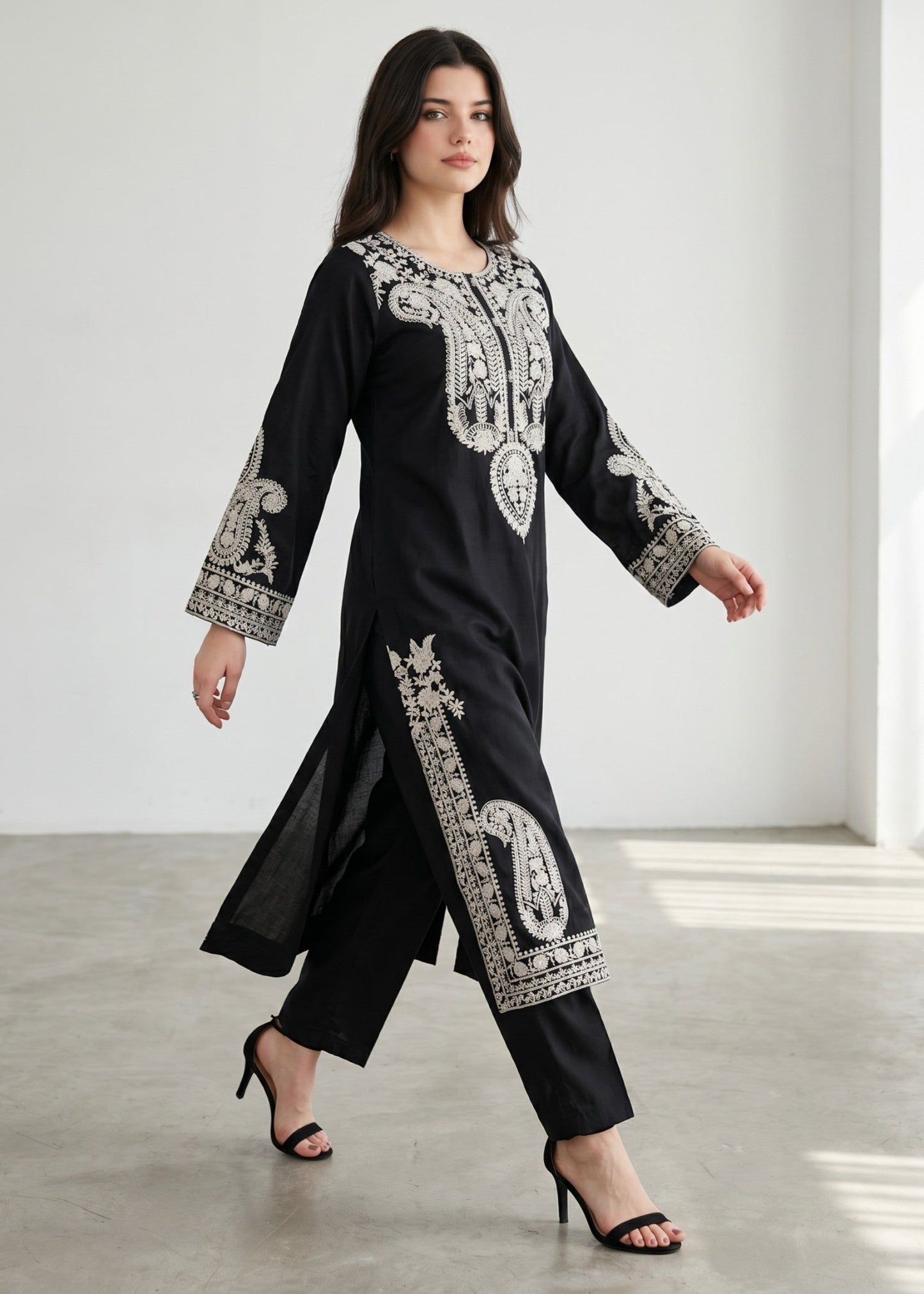 Black Embroidered Linen Straight Trouser Suit Online in Dubai DXB UAE Abudhabi Meena Bazaar