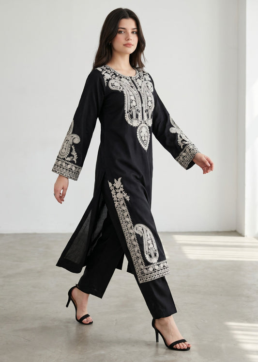 Black Embroidered Linen Straight Trouser Suit Online in Dubai DXB UAE Abudhabi Meena Bazaar