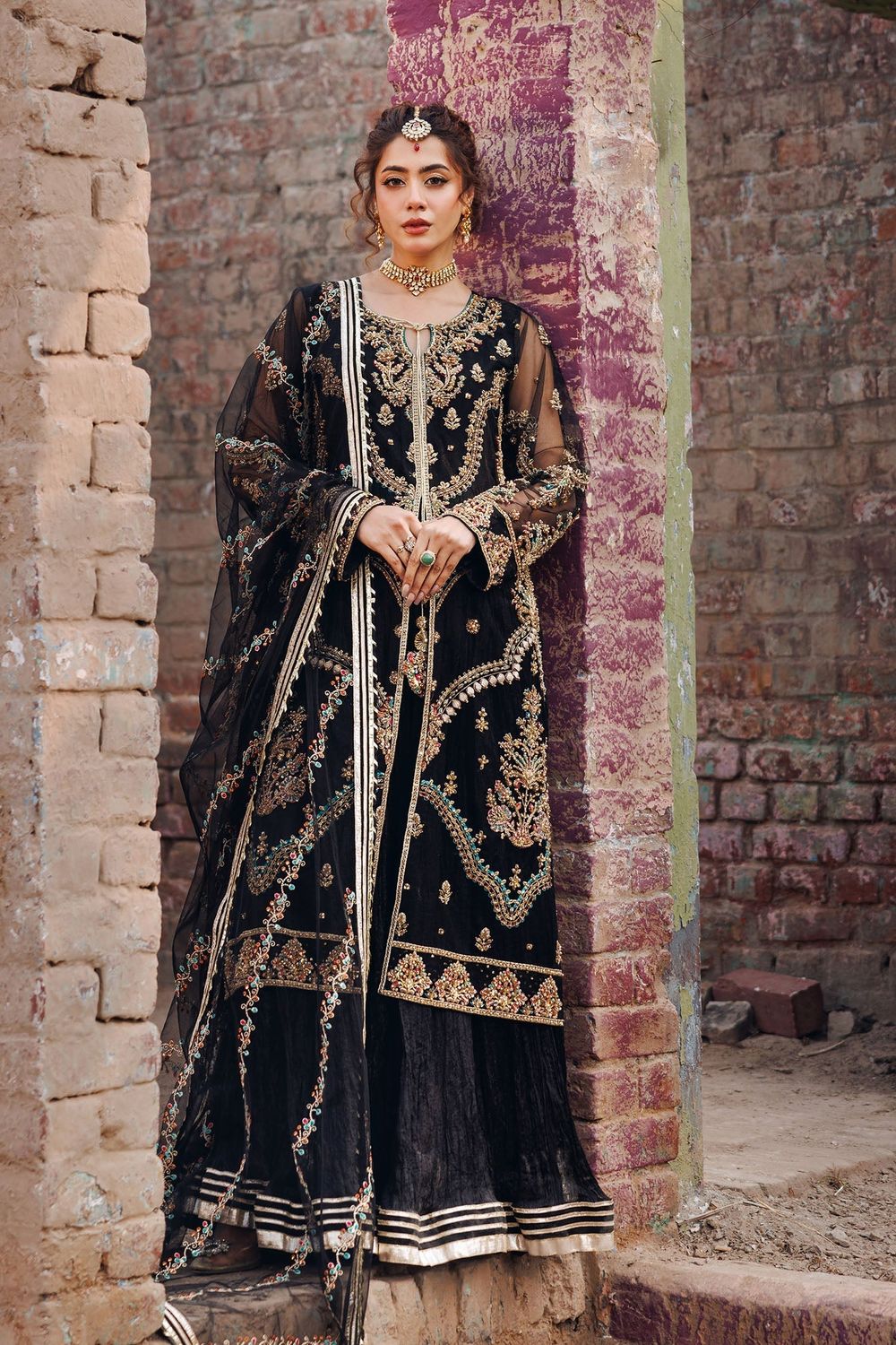 Black Embroidered Net Crush Sharara Online in Dubai UAE Abudhabi Ajman Sharjah