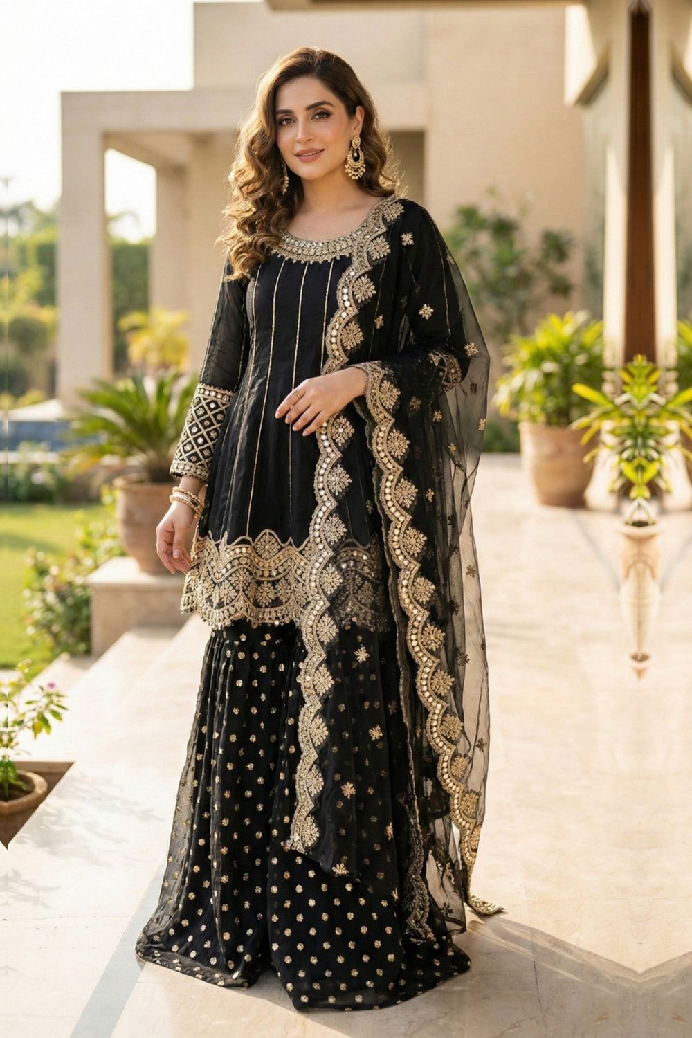 Black Embroidered Net Gharara Suit Online in Dubai UAE Abudhabi Ajman Sharjah