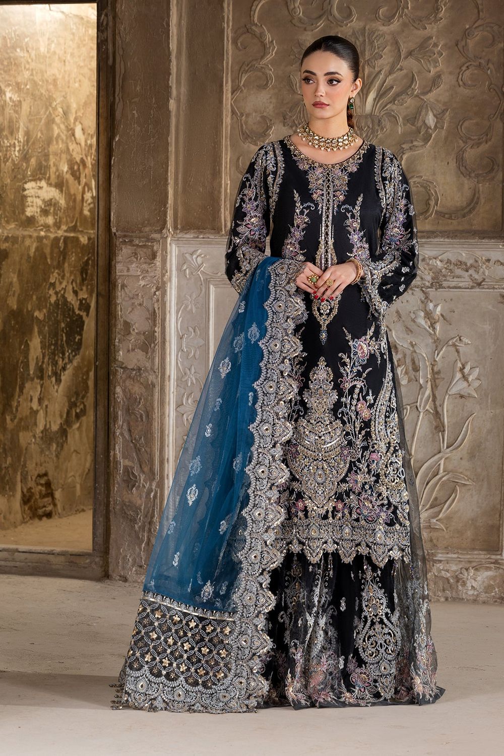 Black Embroidered Net Sharara Suit Online in Dubai UAE Abudhabi Ajman Sharjah