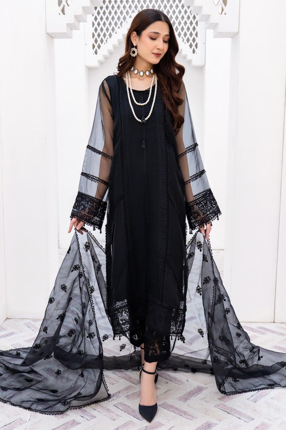 Black Embroidered Organza Festive Party Wear Suit Online in Dubai UAE Abudhabi Ajman Sharjah