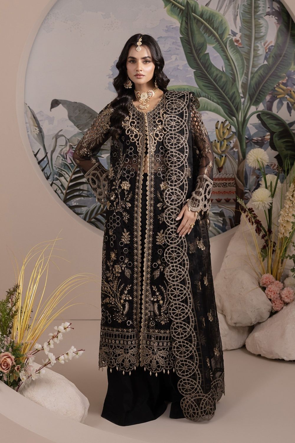 Black Embroidered Organza Festive Suit Online in Dubai UAE Abudhabi Ajman Sharjah