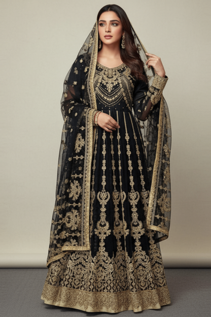 Black Embroidered Organza Festive Suit Online in Dubai UAE Abudhabi Ajman Sharjah