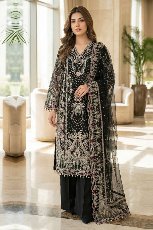 Black Embroidered Organza Festive Wear Suit Online in Dubai UAE Abudhabi Ajman Sharjah
