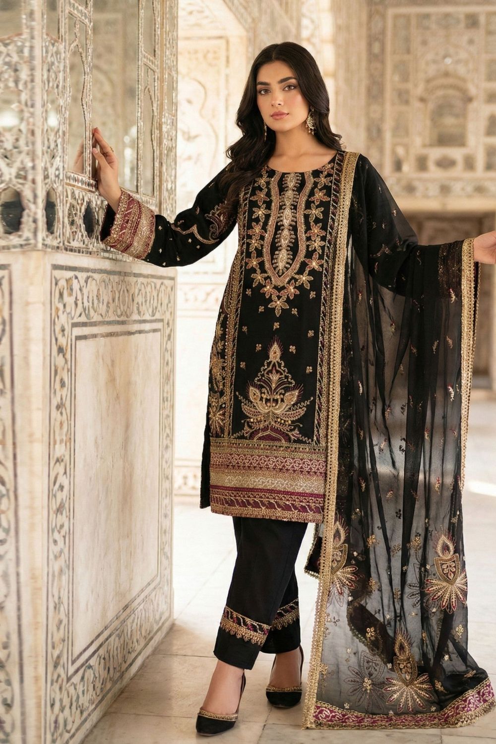 Black Embroidered Organza Salwar Kameez Online in Dubai UAE Abudhabi Ajman Sharjah