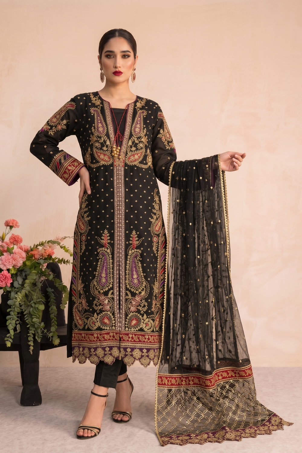 Black Embroidered Organza Salwar Kameez Online in Dubai UAE Abudhabi Ajman Sharjah