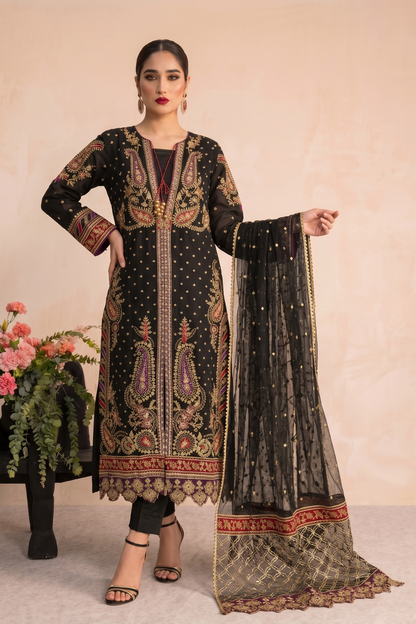 Black Embroidered Organza Salwar Kameez Online in Dubai UAE Abudhabi Ajman Sharjah