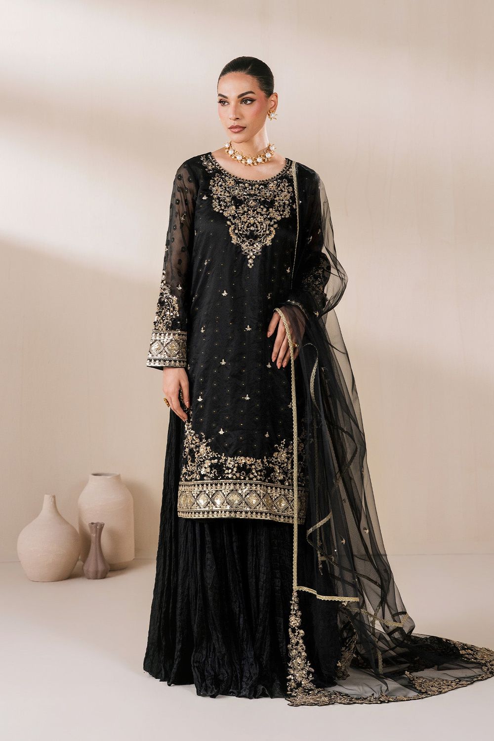 Black Embroidered Organza Sharara Gharara Online in Dubai UAE Abudhabi Ajman Sharjah