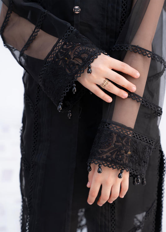 Black Embroidered Organza Three Piece Suit Online in Dubai DXB UAE Abudhabi Meena Bazaar