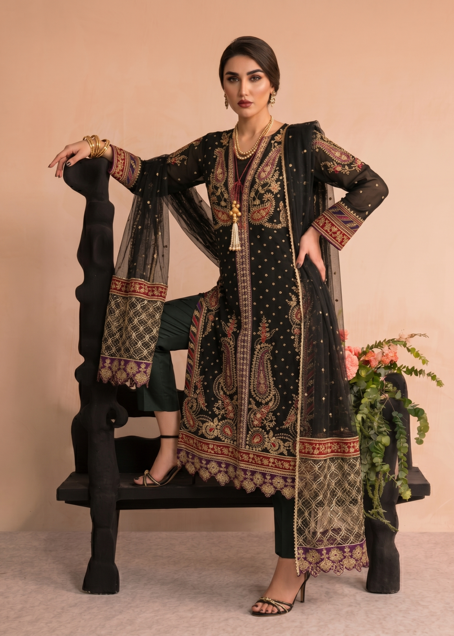 Black Embroidered Organza Three Piece Suit Online in Dubai DXB UAE Abudhabi Meena Bazaar