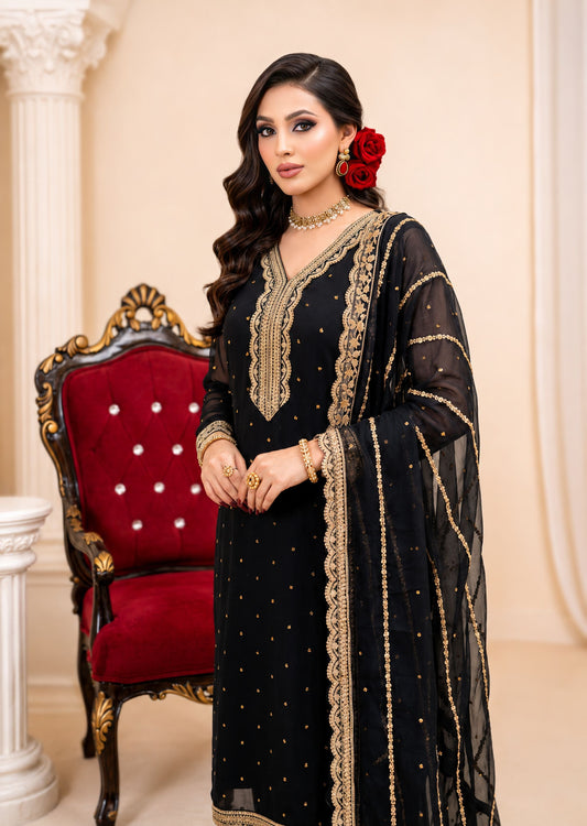 Black Embroidered Pakistani Designer Suit Online in KSA Riyadh Saudi Arabia Oman Bahrain Qatar
