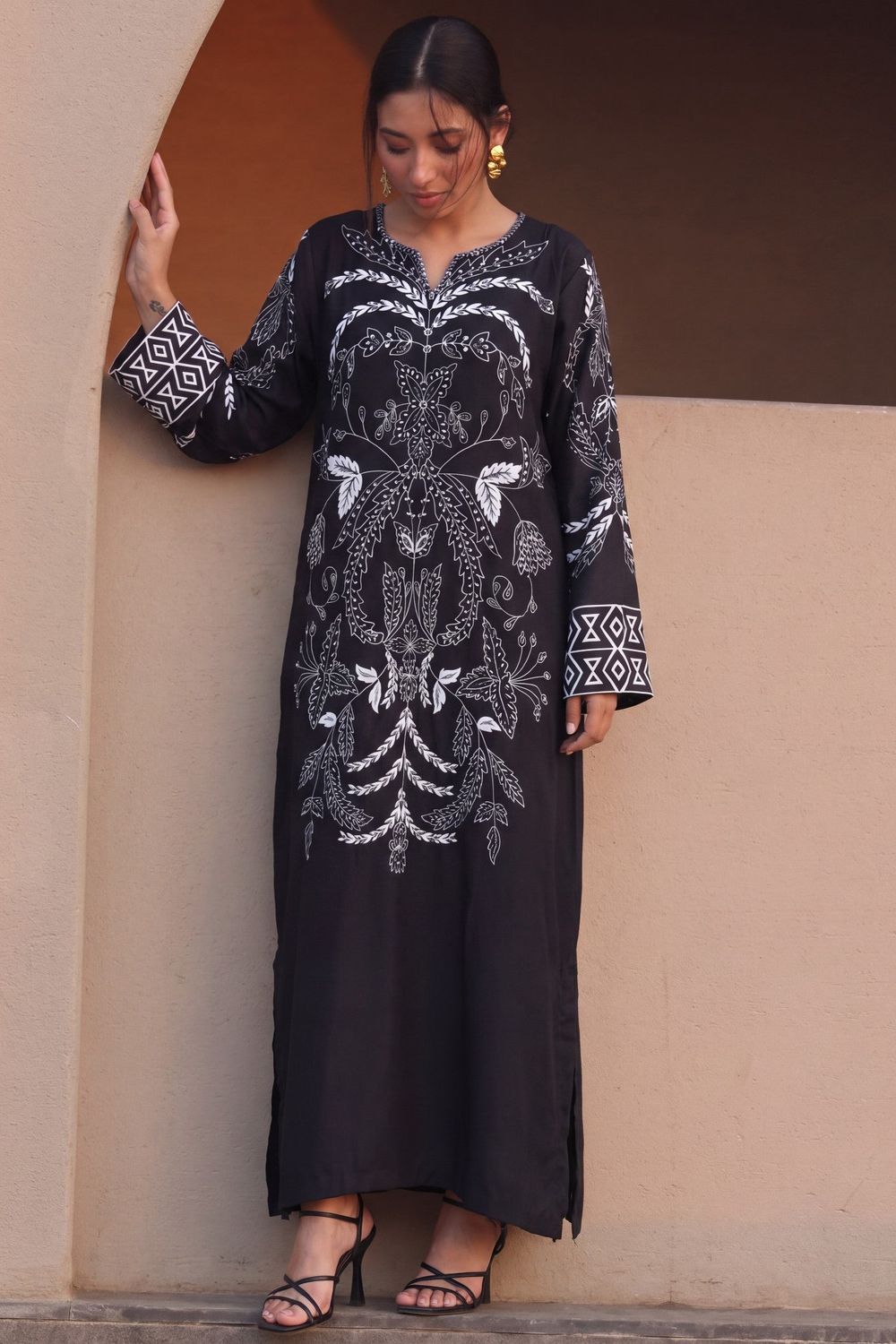 Black Embroidered Poly Silk Kaftan Online in Dubai UAE Abudhabi Ajman Sharjah