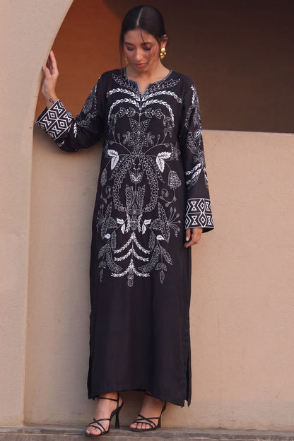 Black Embroidered Poly Silk Kaftan Online in Dubai UAE Abudhabi Ajman Sharjah