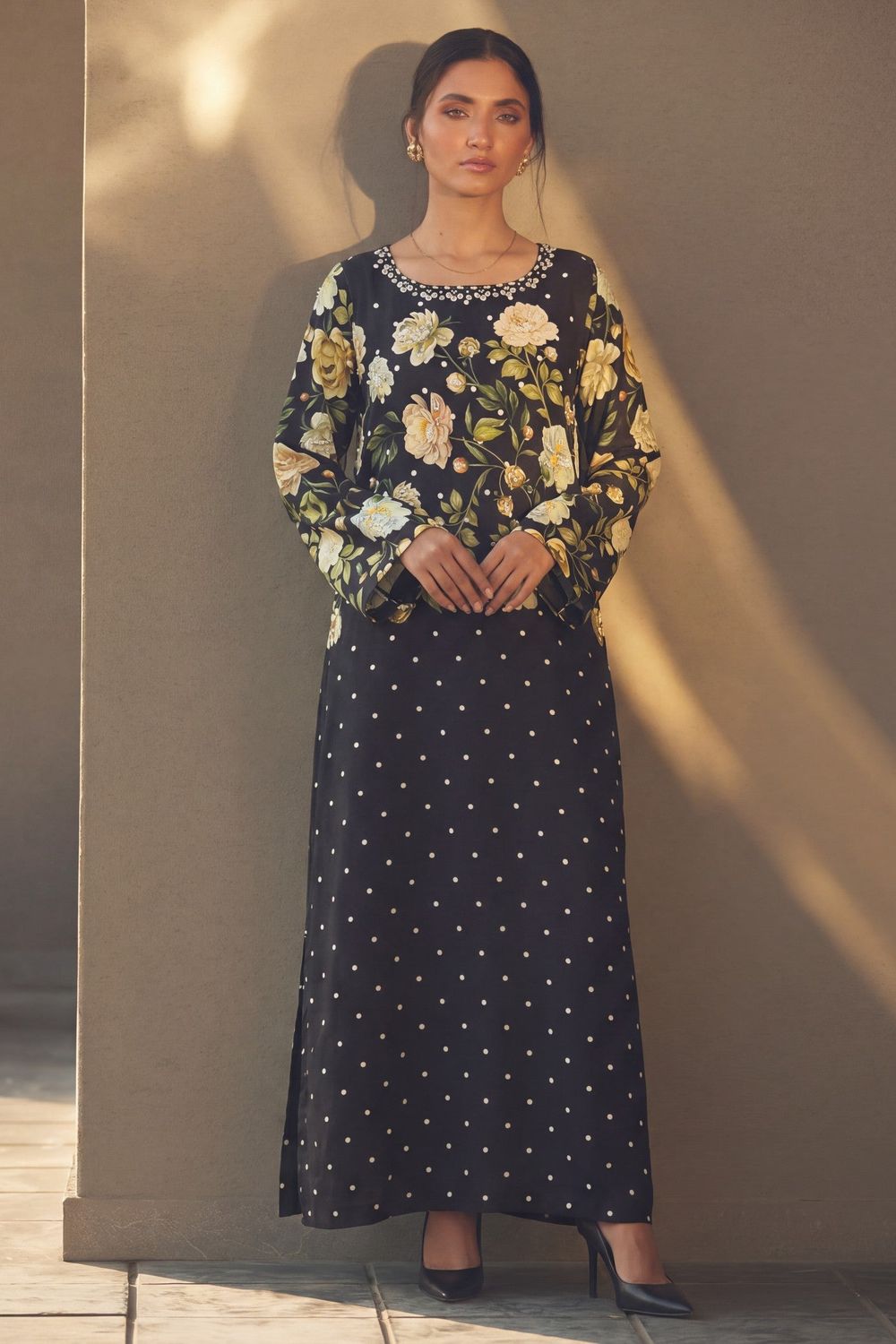 Black Embroidered Poly Silk Kaftan Online in Dubai UAE Abudhabi Ajman Sharjah