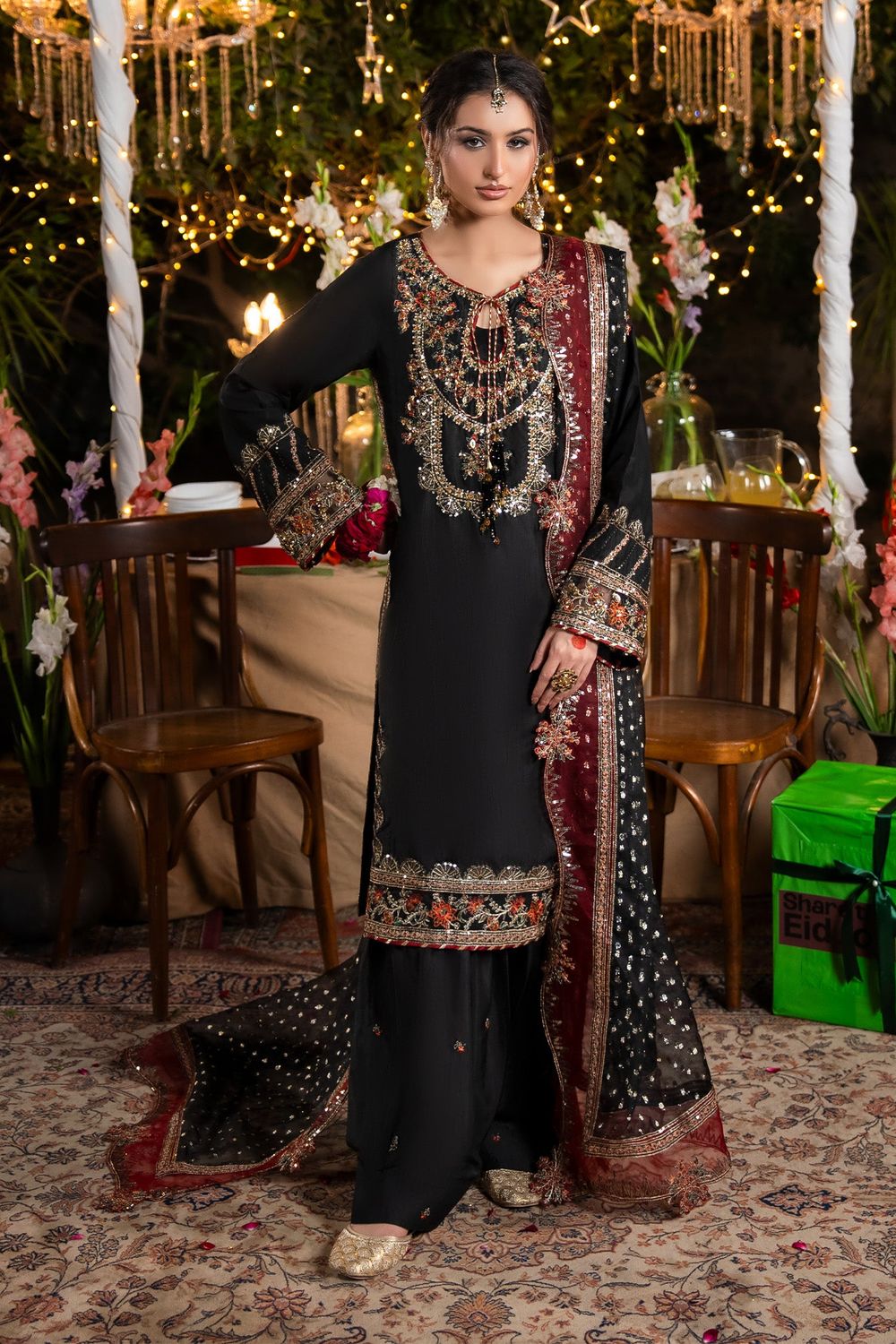 Black Embroidered Raw Silk Farshi Shalwar Suit Online in Dubai UAE Abudhabi Ajman Sharjah