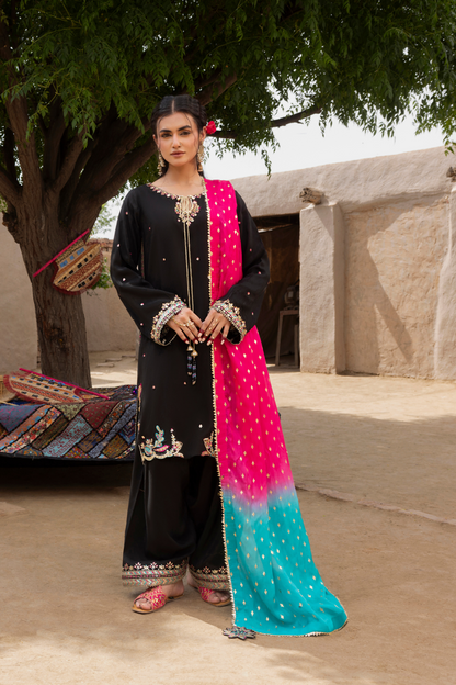 Black Embroidered Raw Silk Farshi Shalwar Suit Online in Dubai UAE Abudhabi Ajman Sharjah