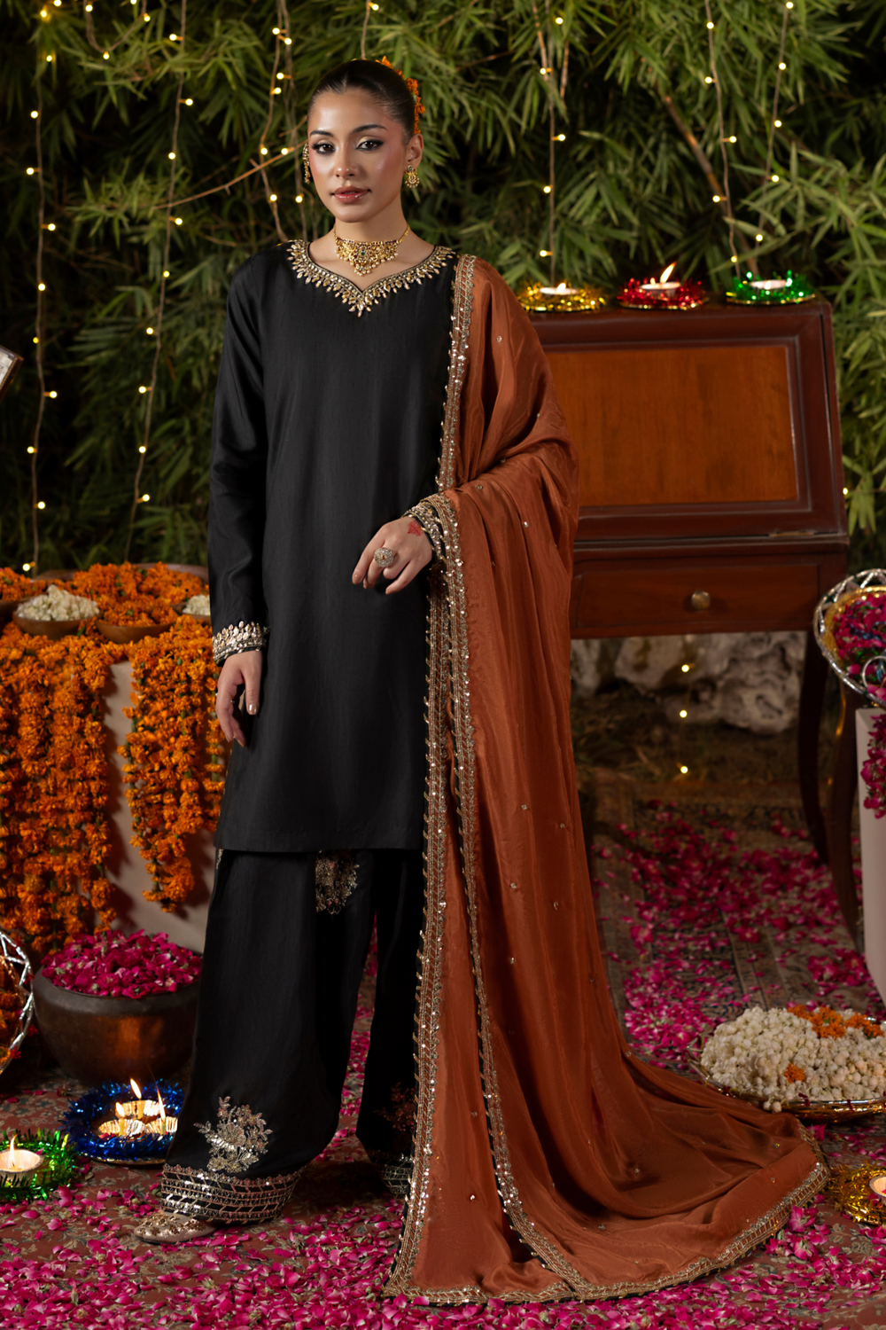 Black Embroidered Raw Silk Farshi Suit Online in Dubai UAE Abudhabi Ajman Sharjah