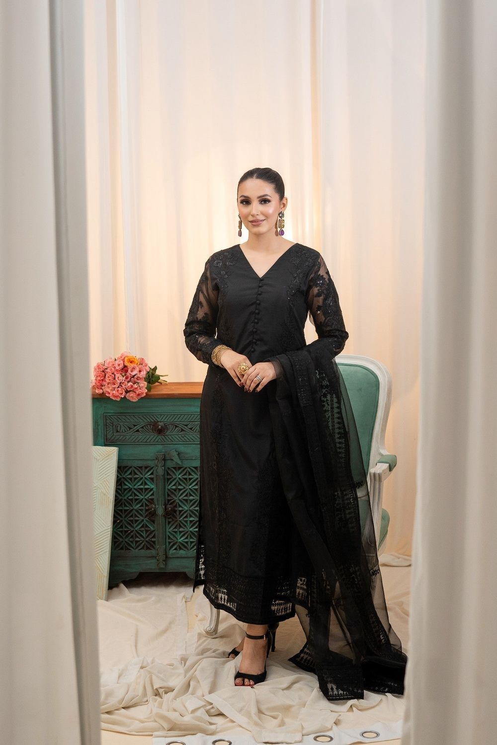 Black Embroidered Raw Silk Festive Wear Suit Online in Dubai UAE Abudhabi Ajman Sharjah