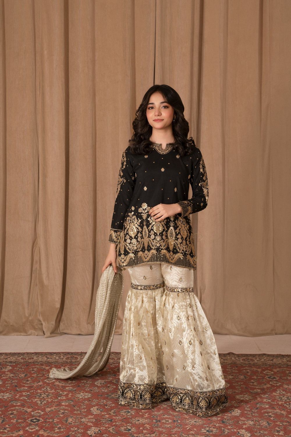 Black Embroidered Raw Silk Gharara Suit Online in Dubai UAE Abudhabi Ajman Sharjah