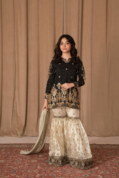 Black Embroidered Raw Silk Gharara Suit Online in Dubai UAE Abudhabi Ajman Sharjah