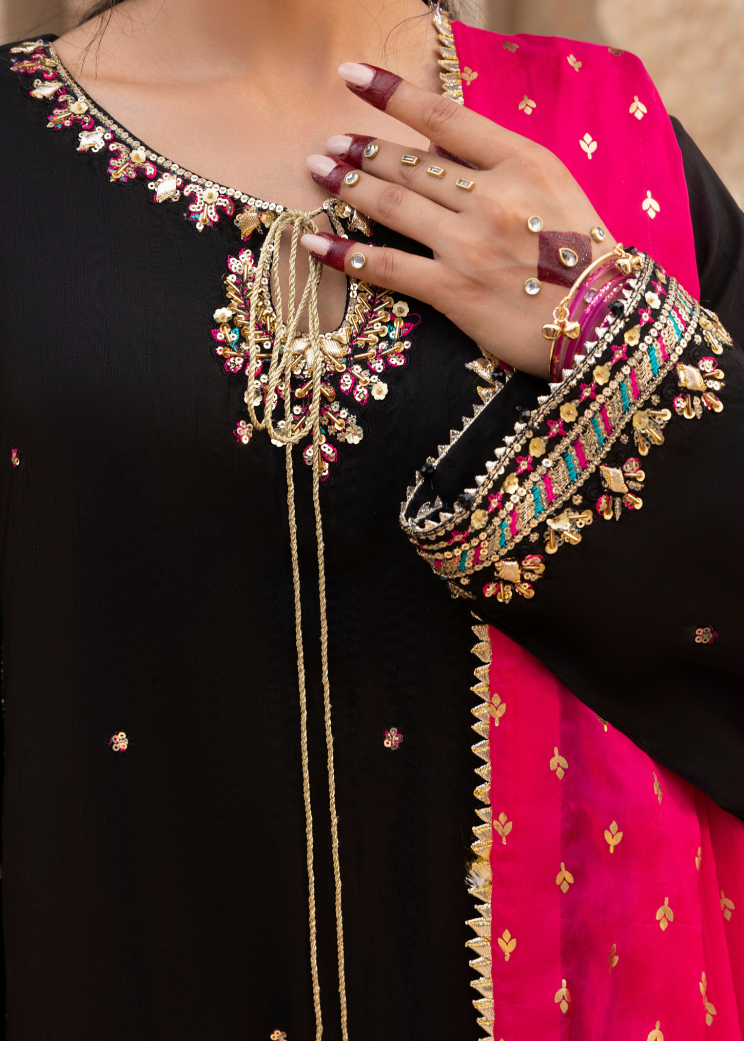 Black Embroidered Raw Silk Party Suit Online in Dubai UAE Abudhabi Ajman Sharjah