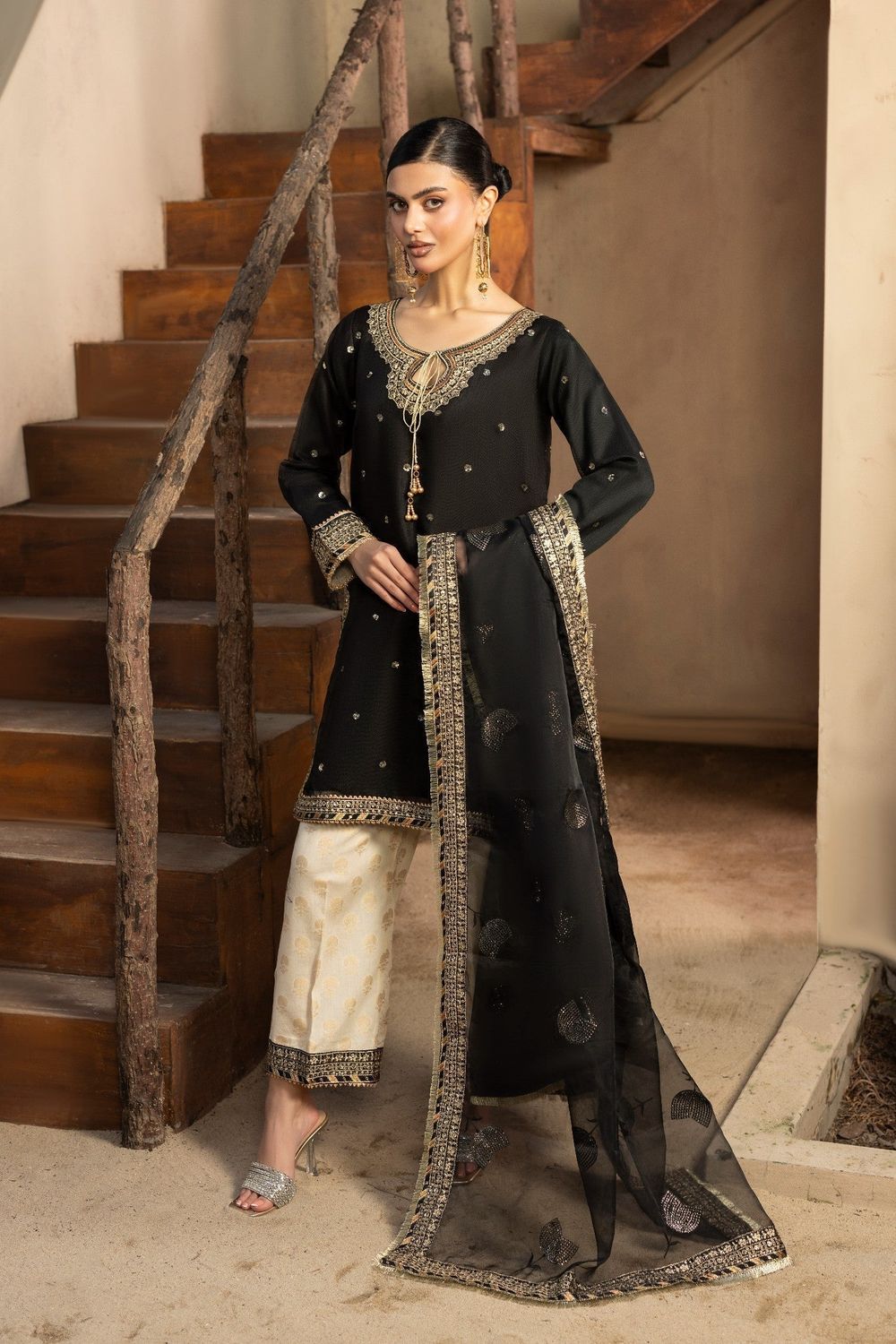 Black Embroidered Raw Silk Salwar Kameez Online in Dubai UAE Abudhabi Ajman Sharjah