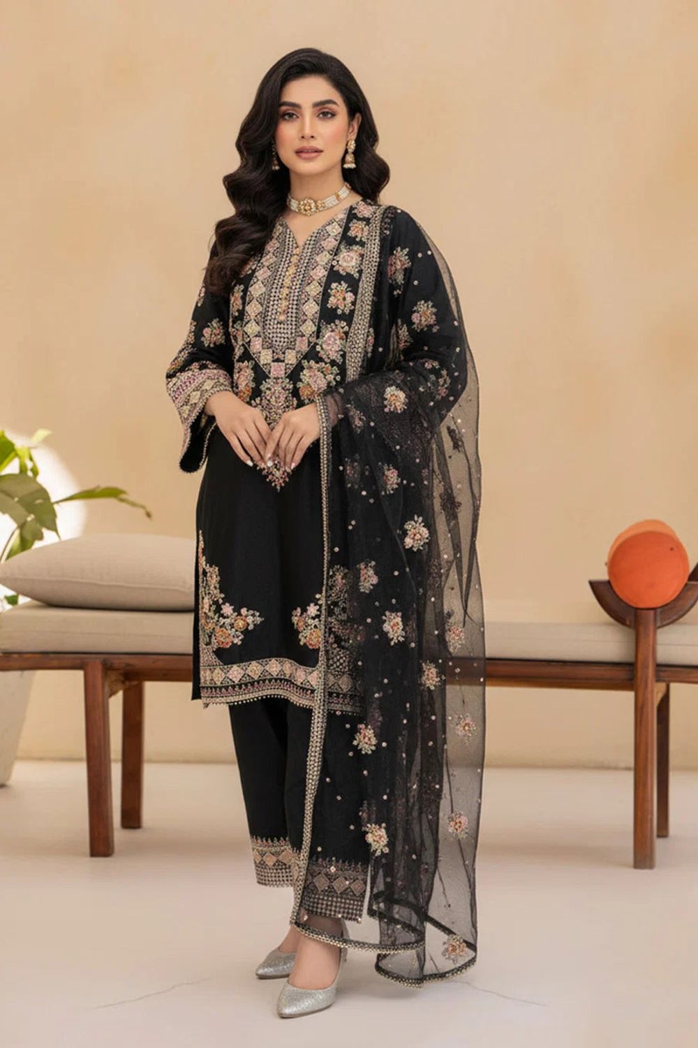 Black Embroidered Raw Silk Shalwar Kameez Online in Dubai UAE Abudhabi Ajman Sharjah
