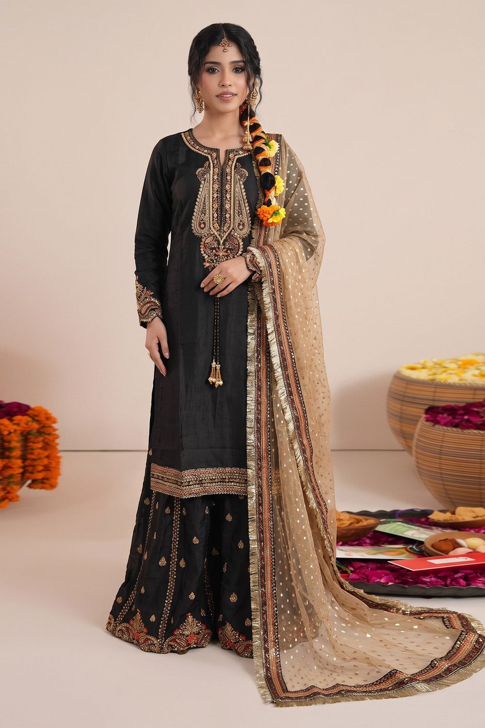 Black Embroidered Raw Silk Sharara Set Online in Dubai UAE Abudhabi Ajman Sharjah