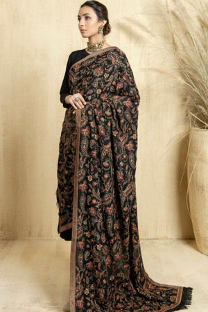 Black Embroidered Raw Silk Shawl Online in Dubai UAE Abudhabi Ajman Sharjah