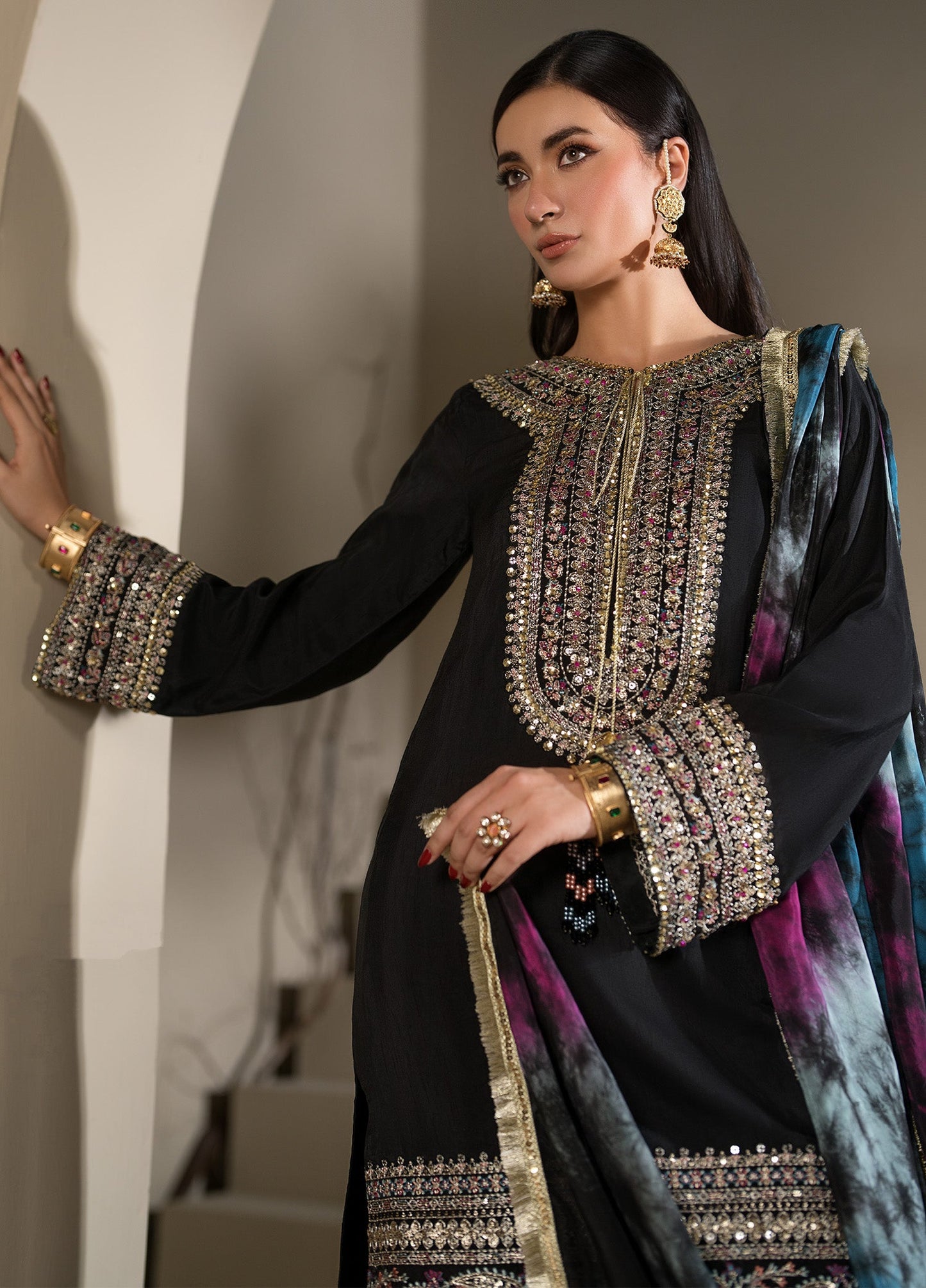 Black Embroidered Raw Silk Straight Kurta Farshi Suit Online in Dubai UAE Abudhabi Ajman Sharjah