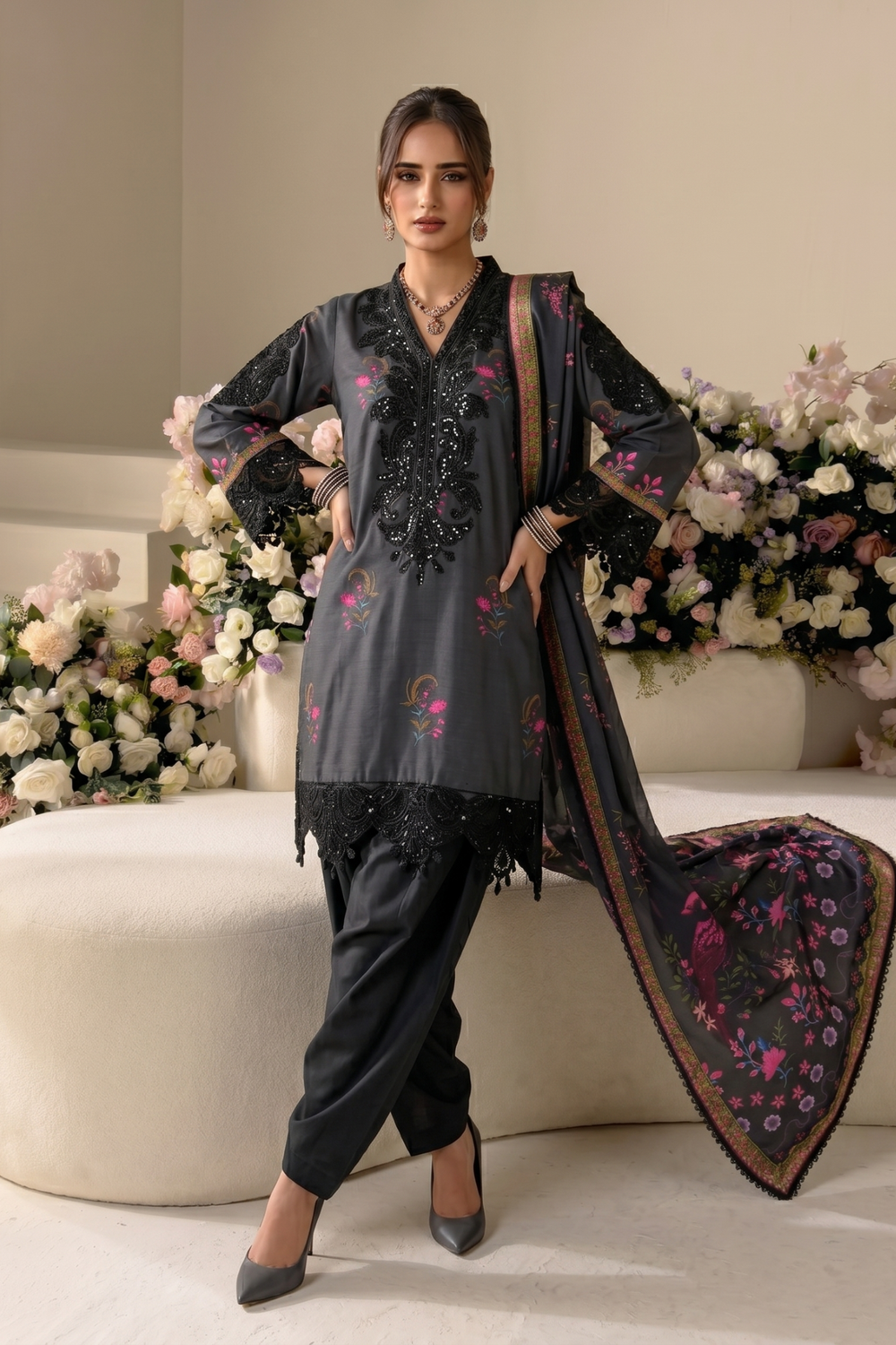 Black Embroidered Raw Silk Straight Kurta Suit Online in Dubai UAE Abudhabi Ajman Sharjah