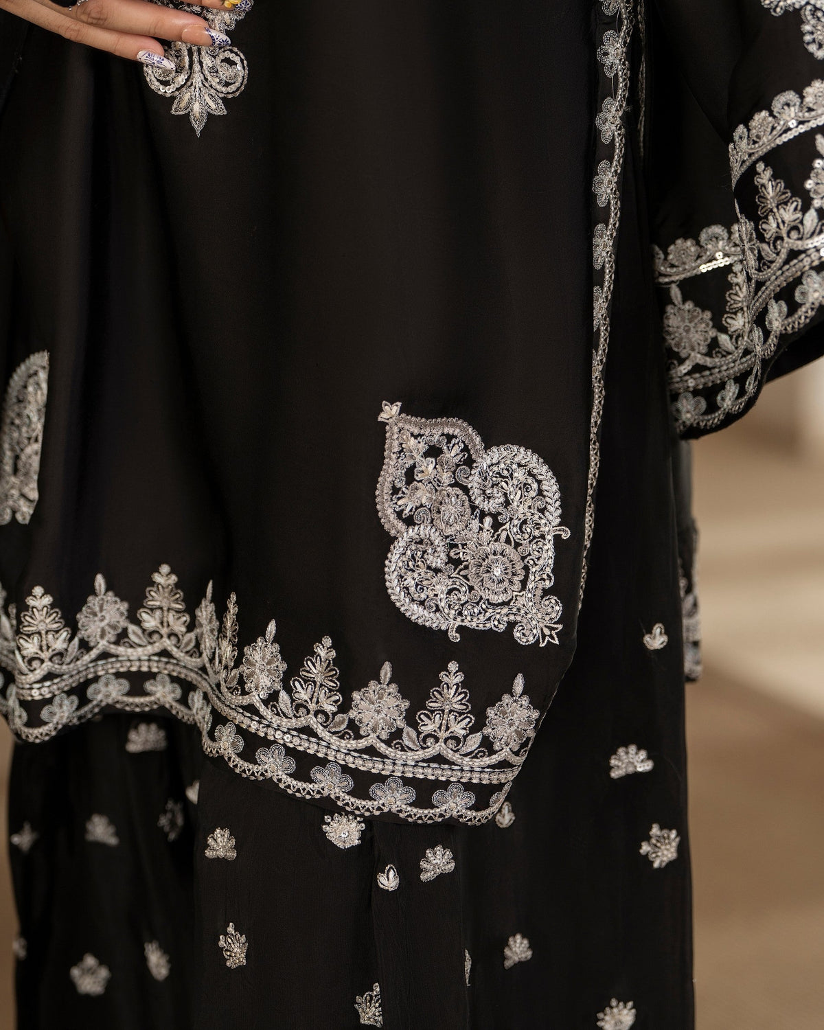 Black Embroidered Shamoz Silk Pakistani Clothes for Festive Online in Dubai UAE Abudhabi Ajman Sharjah