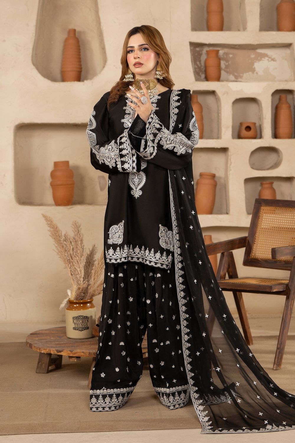 Black Embroidered Shamoz Silk Pakistani Suit Online in Dubai UAE Abudhabi Ajman Sharjah