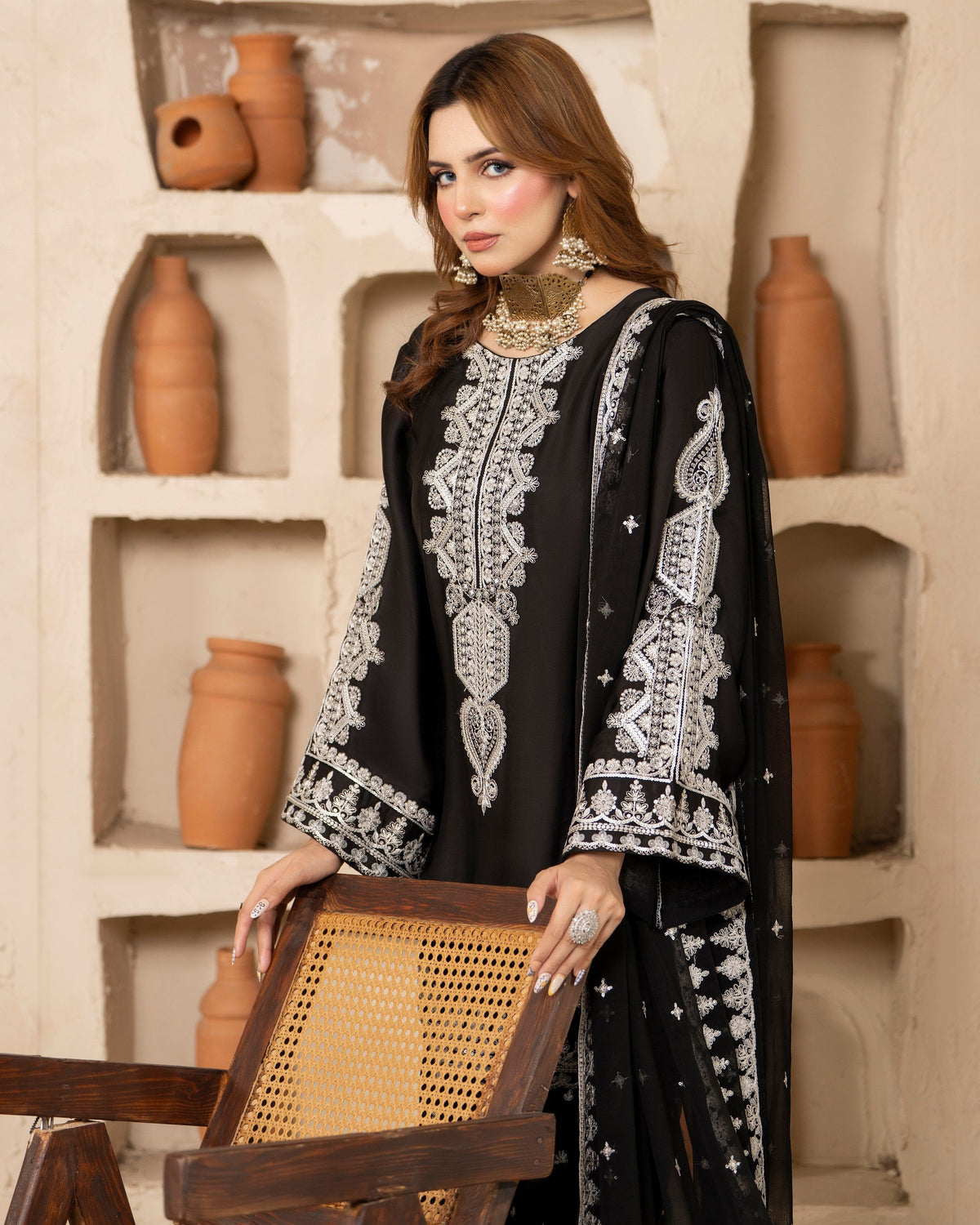 Black Embroidered Shamoz Silk Salwar Suit with Crinkle Chiffon Dupatta Online in Dubai DXB UAE Abudhabi Meena Bazaar